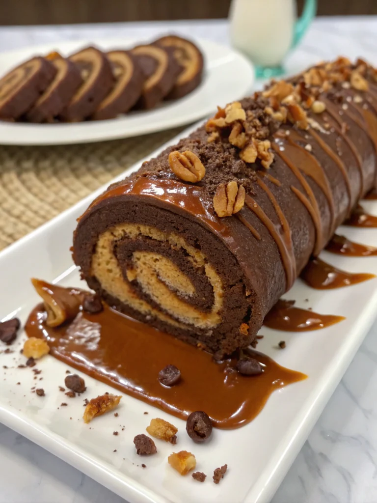 Chocolate Caramel Turtle Cake Roll