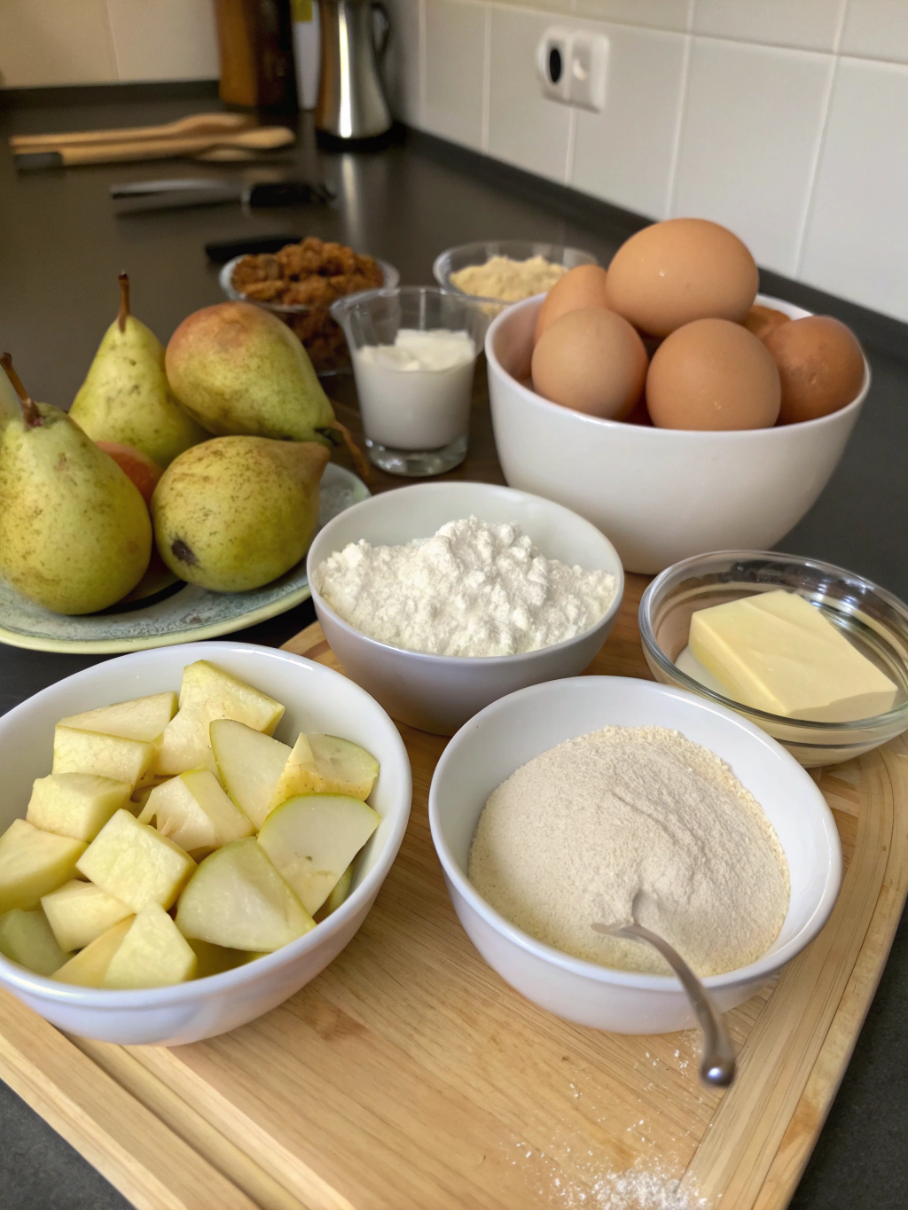 Ingredients for a delicious pear cake recipe, including fresh pears, flour, sugar, eggs, butter, and spices, arranged neatly on a wooden surface.